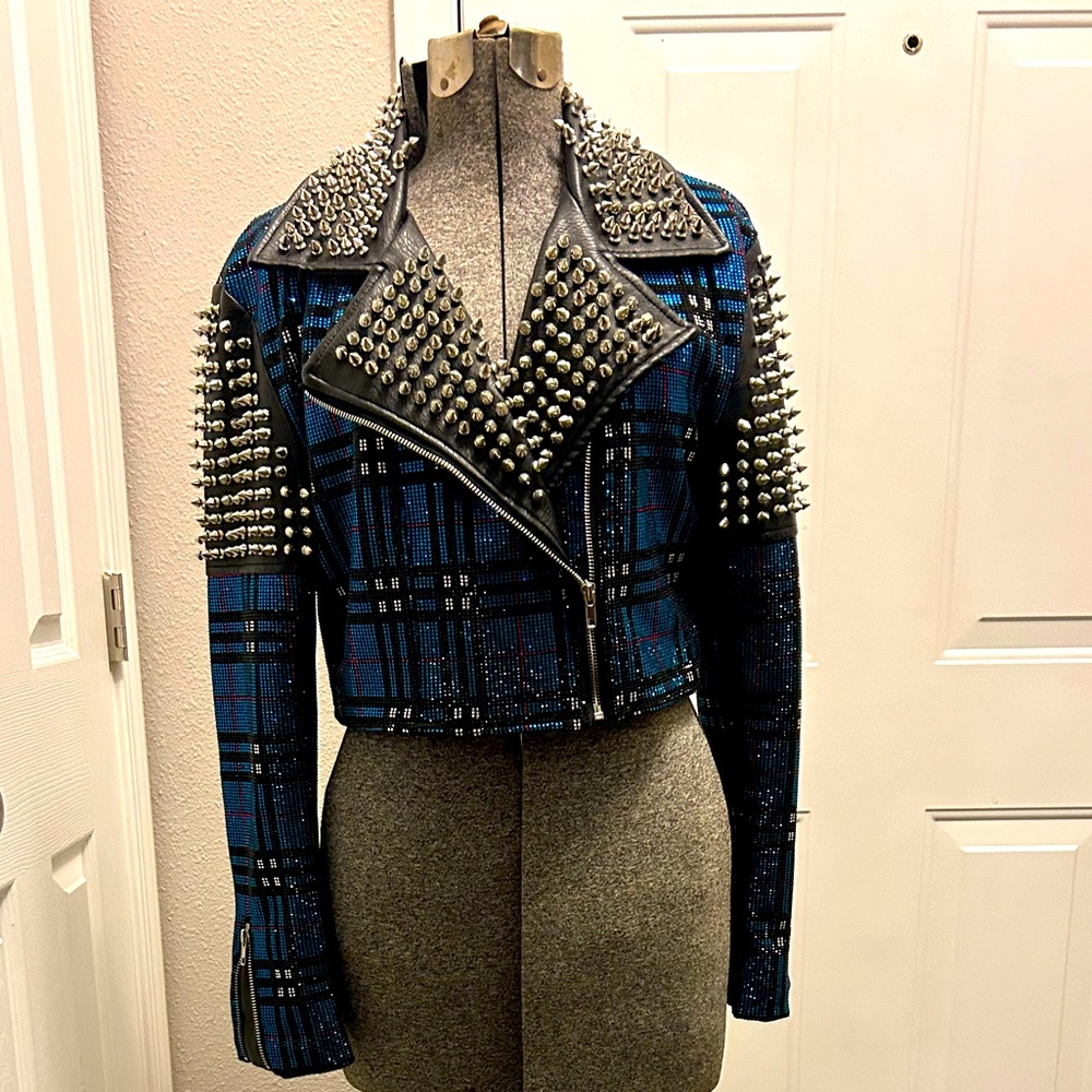 RARE Rhinestone and Riveted Spiked Clueless Plaid Cropped Leather Moto Jacket !!